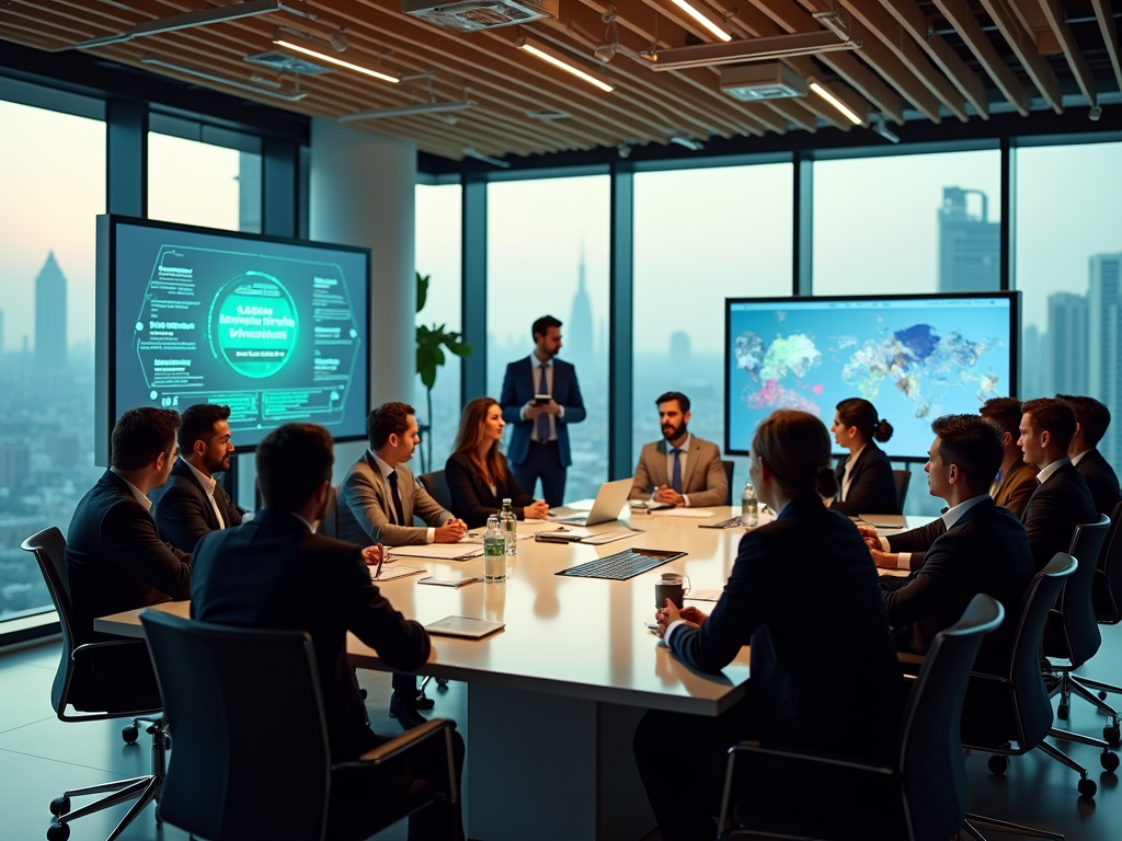 Business professionals in a meeting room with presentation screens displaying data and maps.