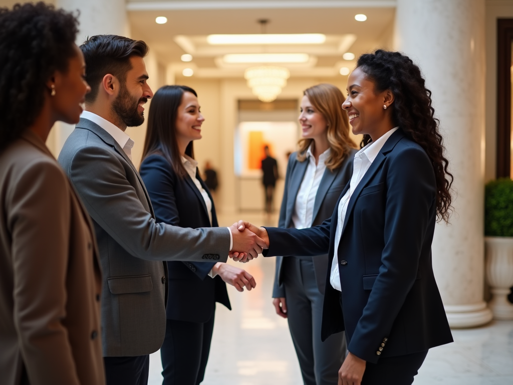 Two professionals shaking hands in a busy hallway, surrounded by smiling colleagues.