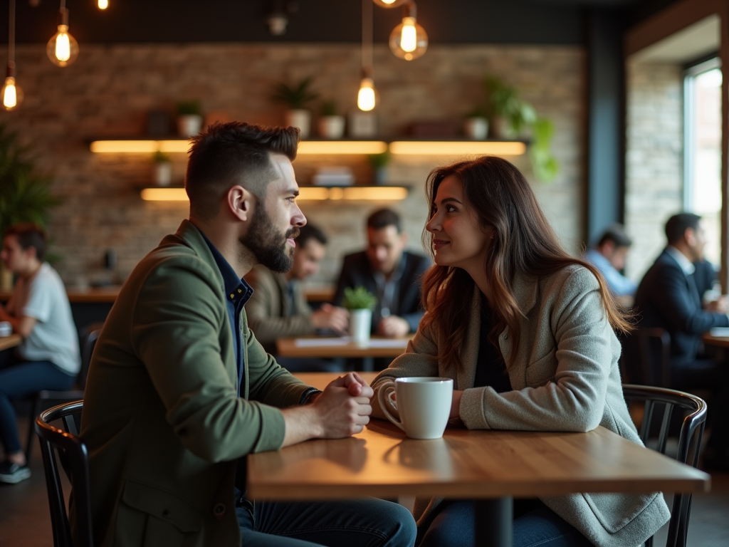 A man and a woman sit facing each other at a cafe table, engaged in conversation, in a warmly lit room.