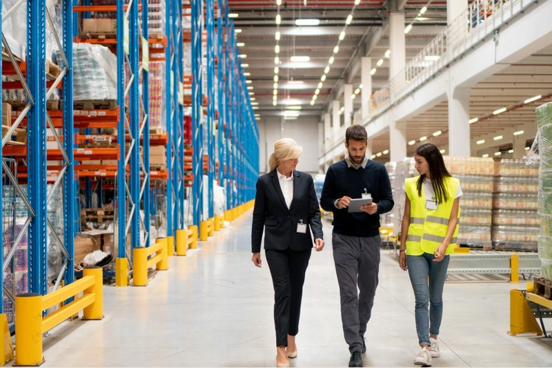 Three people walking in a large warehouse with tall blue shelves.