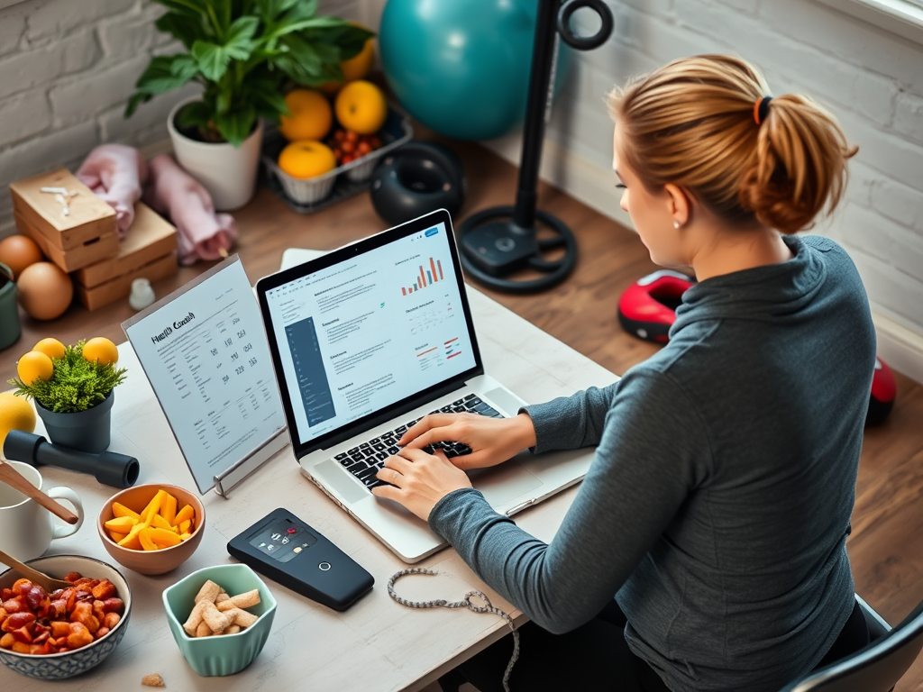 A woman working on a laptop at a table with healthy foods, a fitness plan, and gym equipment in the background.