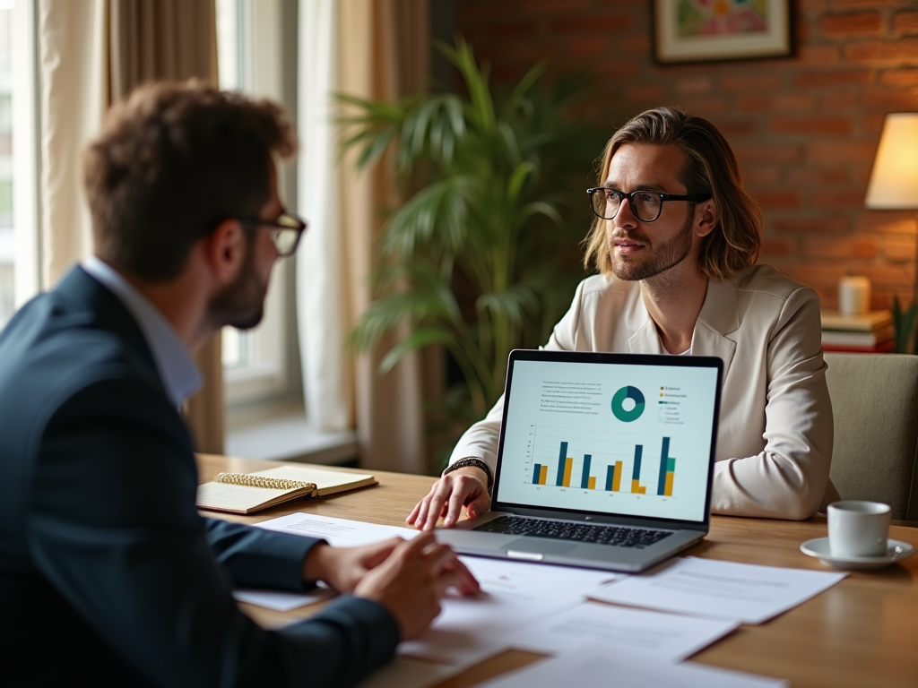 Two men in a business meeting with a laptop displaying graphs.