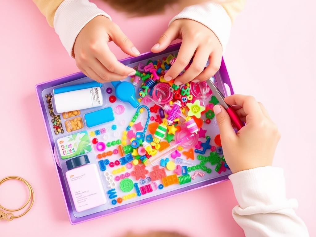 Two hands are reaching for colorful craft supplies in a tray, including beads, shapes, and tools, on a pink background.