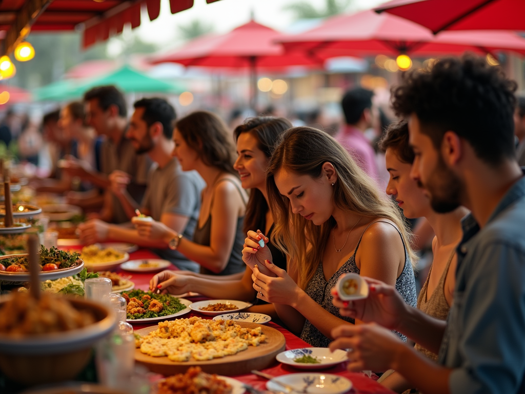 People enjoying a meal together at a vibrant outdoor food market under red umbrellas.