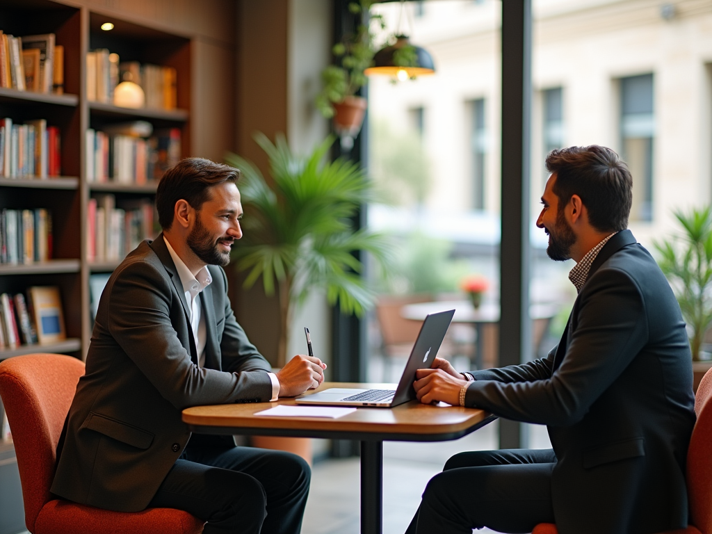 Two businessmen discussing over laptops in a cozy library setting.