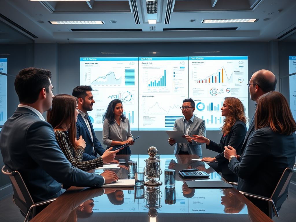 A diverse team in a conference room discusses data displayed on screens while reviewing documents.