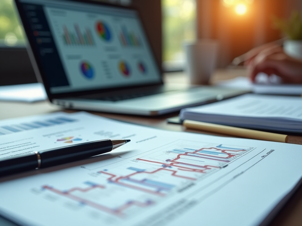 Laptop displaying colorful graphs with printed charts and a pen in the foreground on a desk.