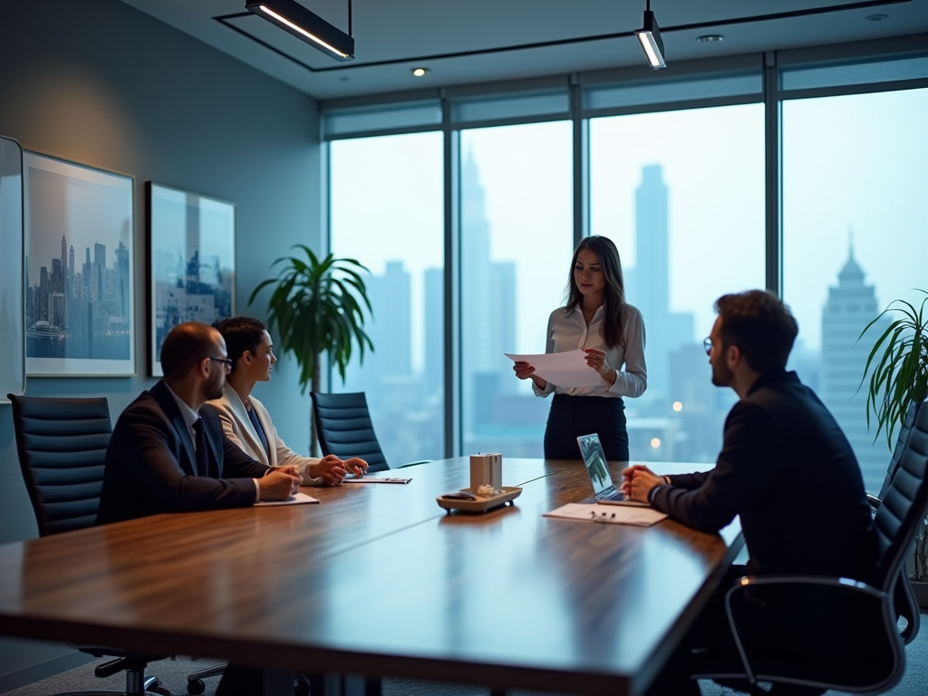 Woman presenting to male colleagues in a modern office with city skyline view.