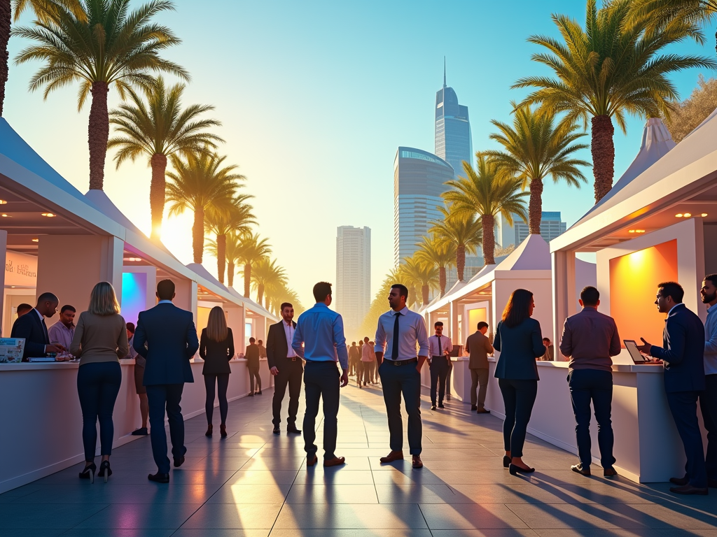 People networking at an outdoor business event with palm trees and city skyline during sunset.