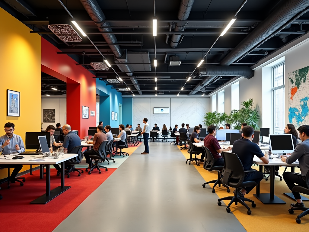 Modern office space with employees working at desks and attending a meeting in a vibrant, colorful room.