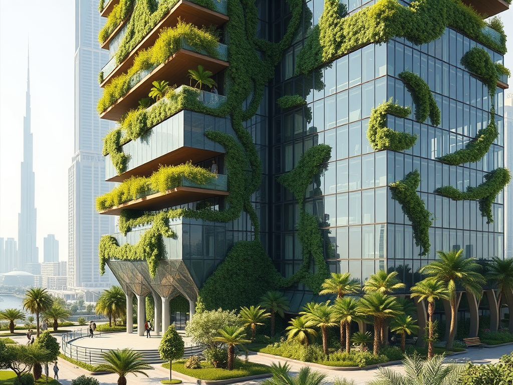 A modern building with lush greenery on its facade, located near palm trees and a distant skyscraper.