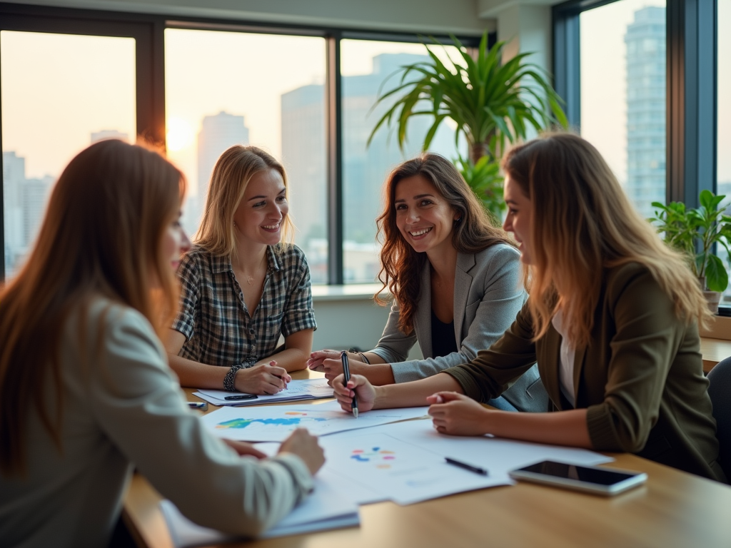 Four women sitting at a table in a bright office, discussing documents, smiling, with a sunset cityscape outside.