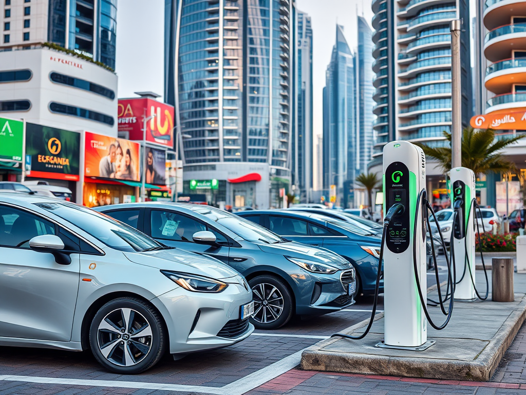 Several cars are parked near electric vehicle charging stations in an urban setting with tall buildings in the background.