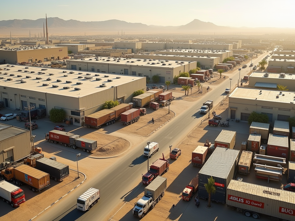 Aerial view of an industrial area with warehouses, trucks, and a busy road, set against a hazy mountain backdrop.