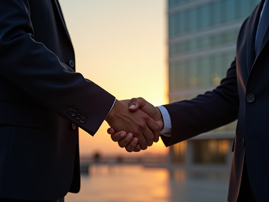 Two businessmen shaking hands at sunset in front of a building.