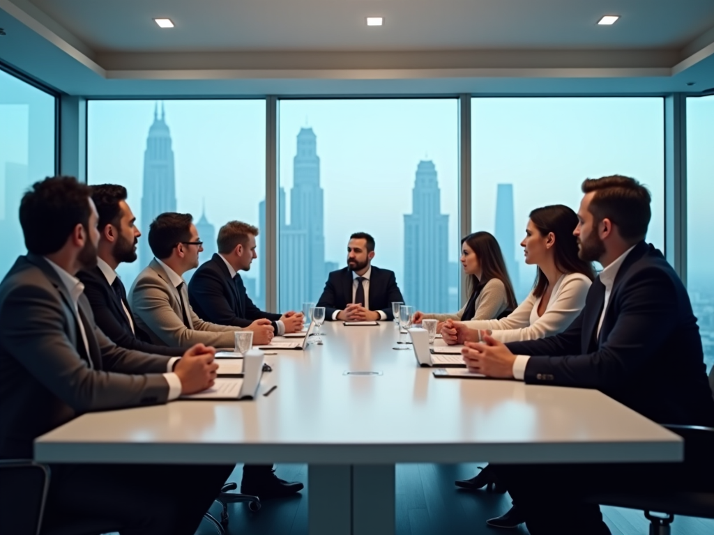 Business meeting in a high-rise office with a city skyline view.