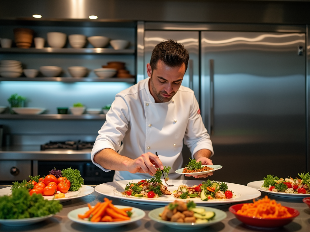 Chef carefully plating dishes in a professional kitchen surrounded by fresh vegetables.