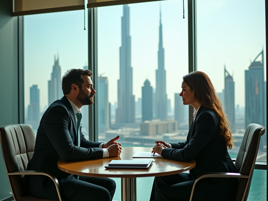 Two professionals in a meeting, with a city skyline in the background through large windows.