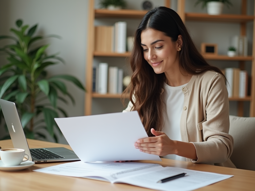 Smiling woman reads document at desk with laptop and coffee in a cozy home office.