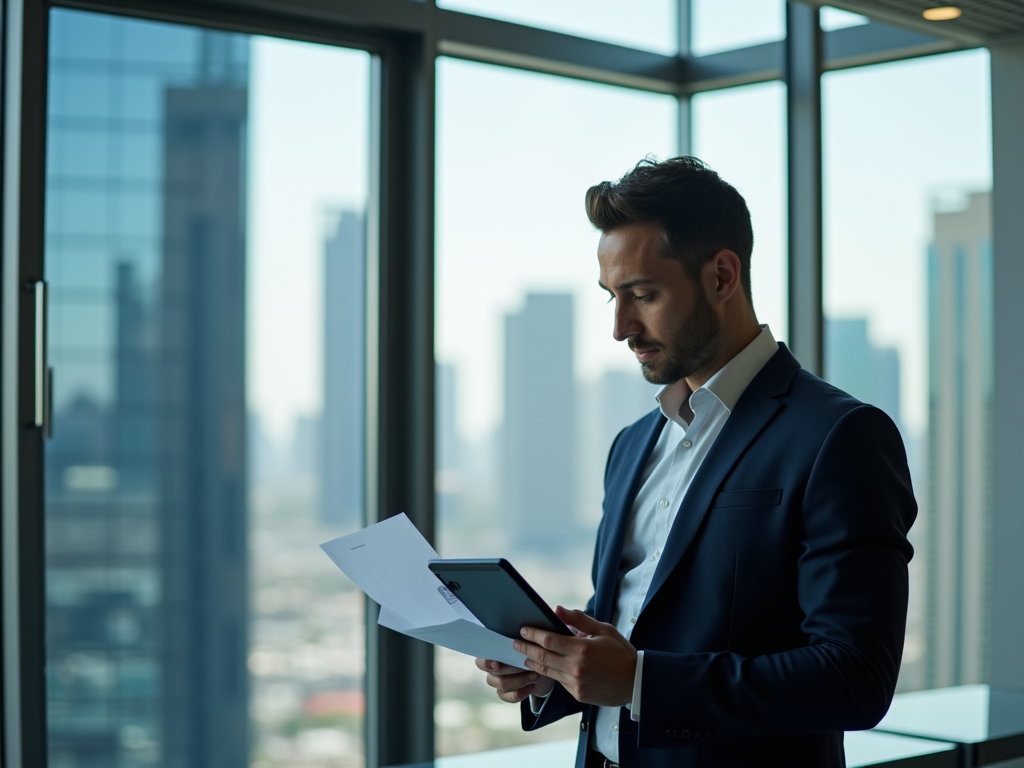 Businessman reading documents with tablet in an office overlooking the city.