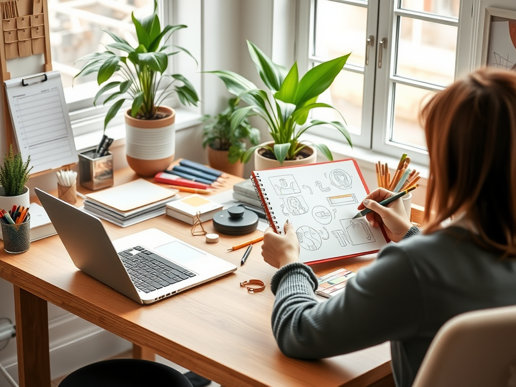 A person sketches in a notebook at a wooden desk filled with stationery and plants, with a laptop open nearby.