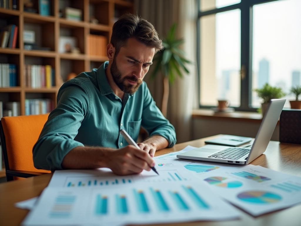 Man working on financial charts at his desk with a laptop in an office.