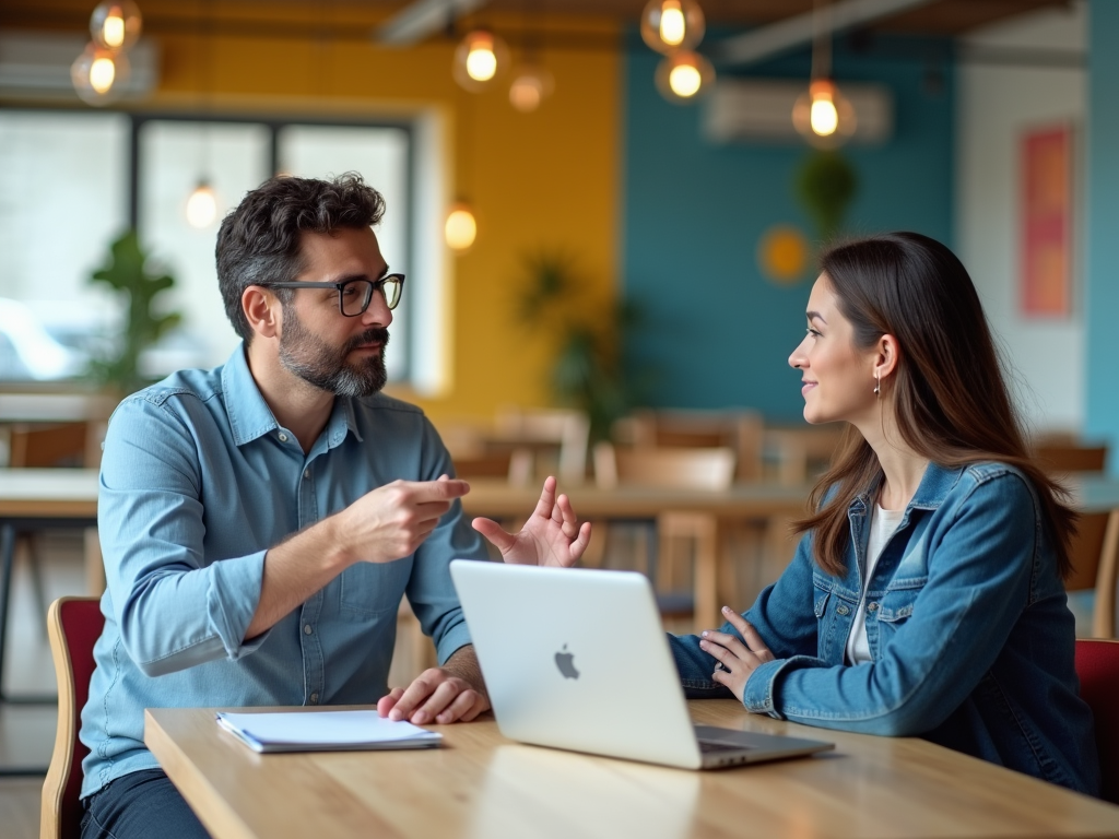 Two professionals discussing over a laptop in a vibrant modern office space.