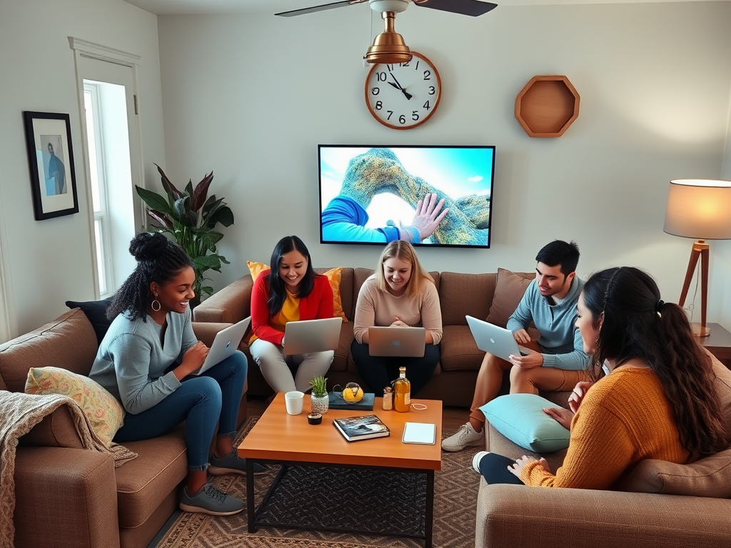 A group of five young adults sits together on a sofa, working on laptops and smiling in a cozy living room.