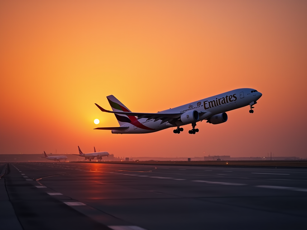 Emirates airplane taking off at sunset with vibrant orange sky background.