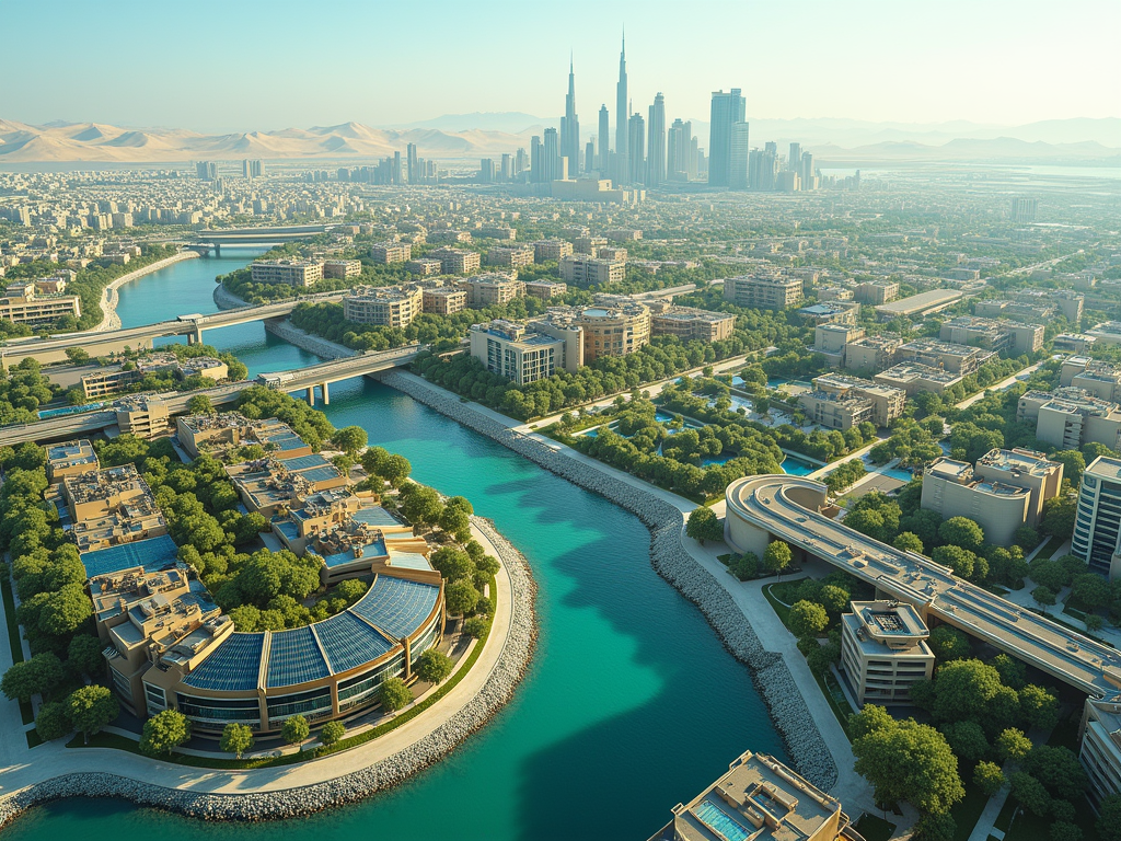 Aerial view of a city with modern architecture, winding rivers, and distant skyscrapers against a desert backdrop.