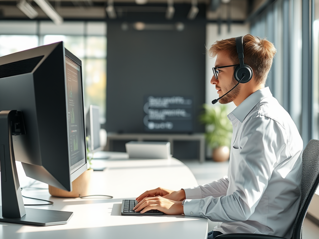 A man wearing a headset is working at a computer in a modern office, focused on the screen.