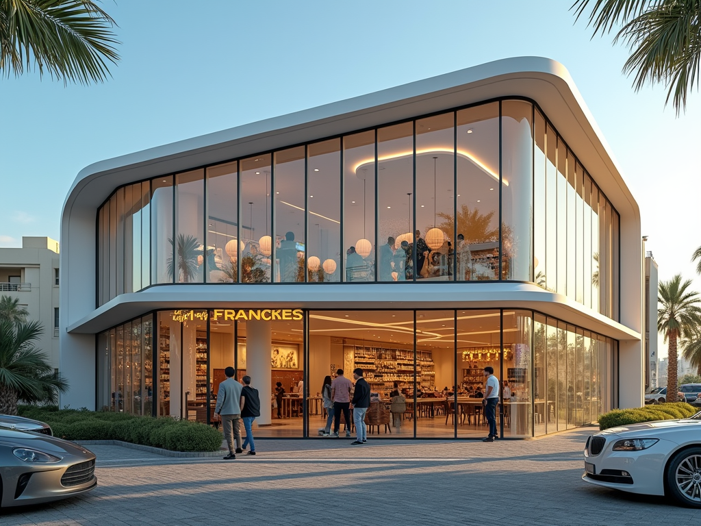 Modern glass facade of the Franckes store with customers walking by; luxury cars parked in front.