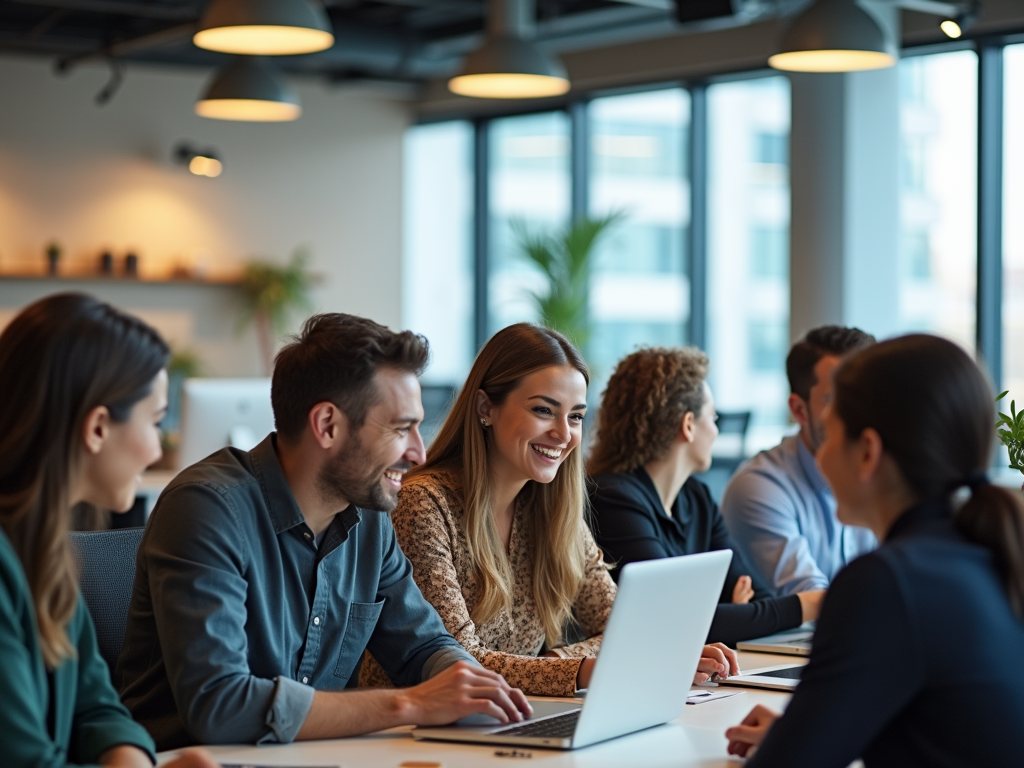 Group of professionals smiling and engaging in a discussion around a laptop in a modern office.