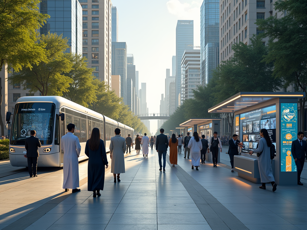 Modern cityscape with pedestrians and a tram on a tree-lined avenue, with digital information kiosks.