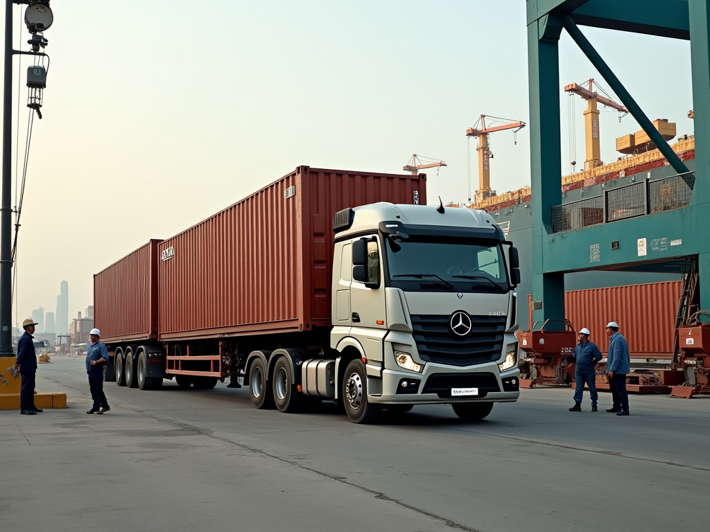 Truck loaded with containers at a busy port terminal, with workers and cranes in the background.