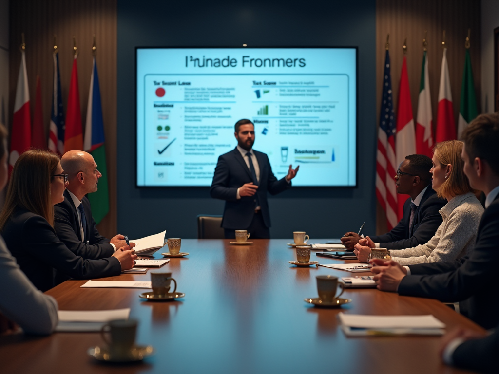 Man presenting at a conference table with attendees and flags of various countries.