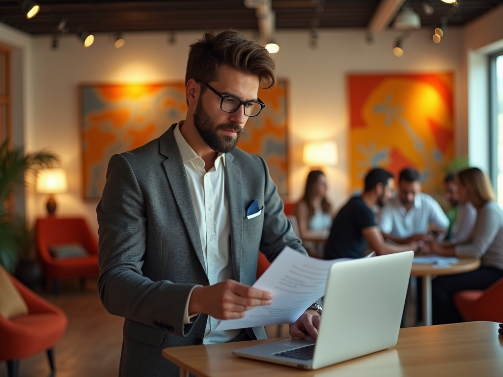 Businessman in glasses reading a document at his laptop in a colorful office with colleagues in the background.