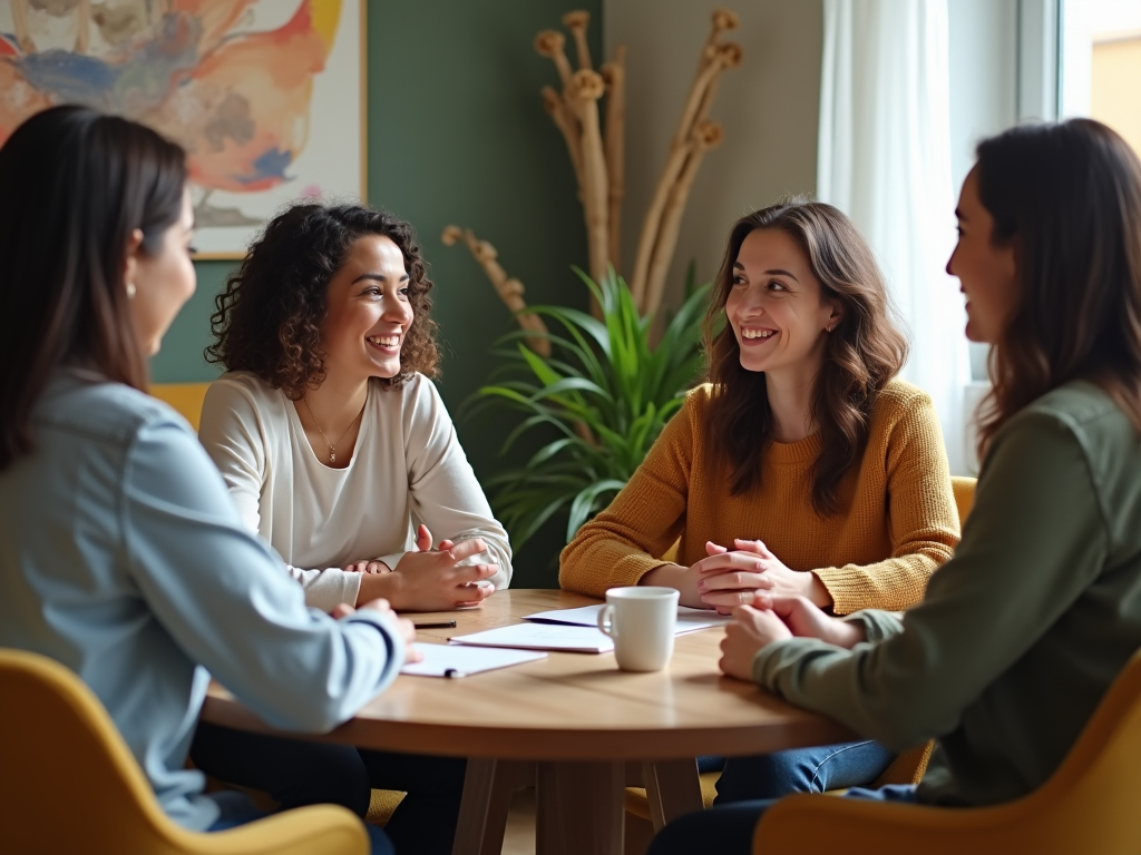 Four women engaging in a pleasant conversation around a table in a cozy room with warm lighting.