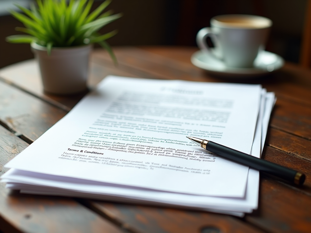 Stack of legal documents with a pen on a wooden table, next to a potted plant and a cup of coffee.