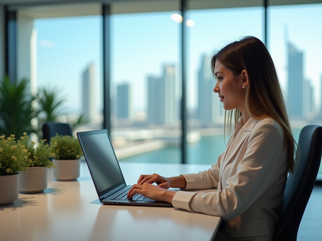 Woman working on laptop in office with cityscape background.