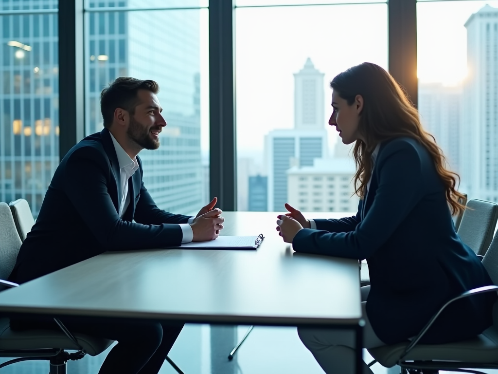 Man and woman in business attire engage in a discussion at a table with a cityscape in the background.