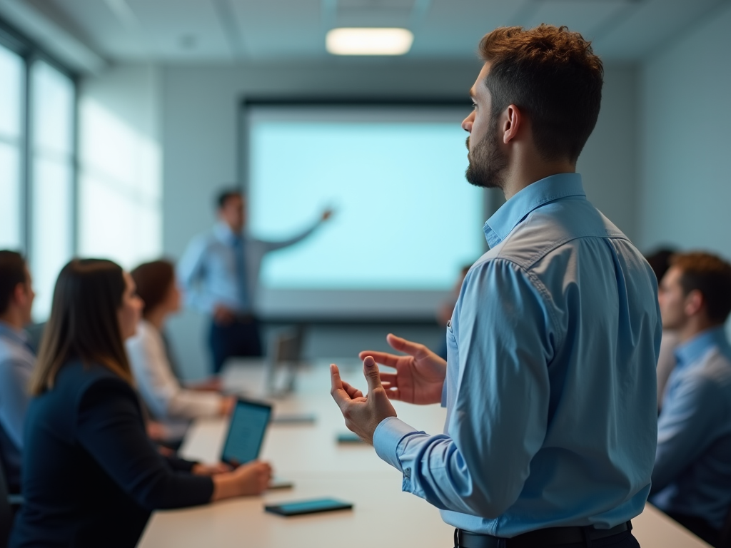 Man in blue shirt speaking during a meeting, presenter in background pointing at screen.