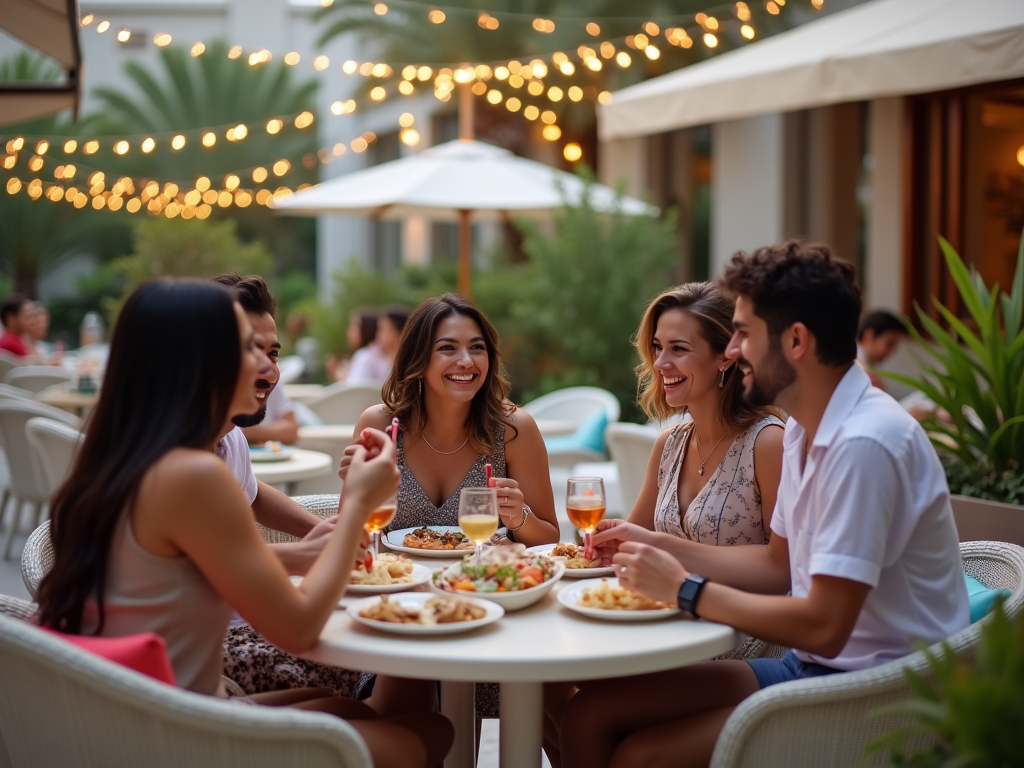 Friends enjoying dinner and laughter at an outdoor restaurant with string lights.