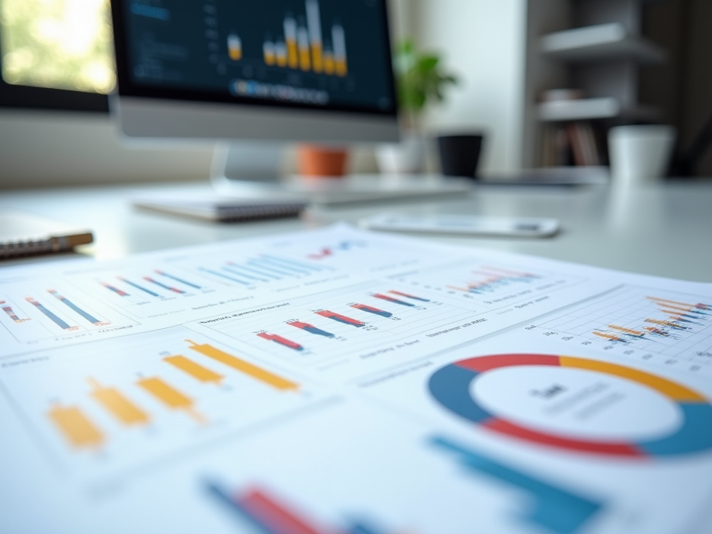 Close-up of business charts and graphs on a desk with a computer displaying data in the background.