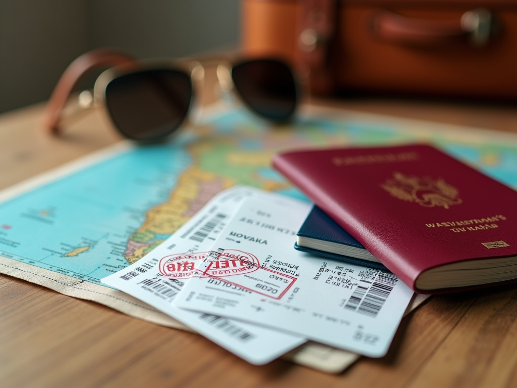 Travel essentials with a passport, boarding passes, sunglasses, and a map on a table.